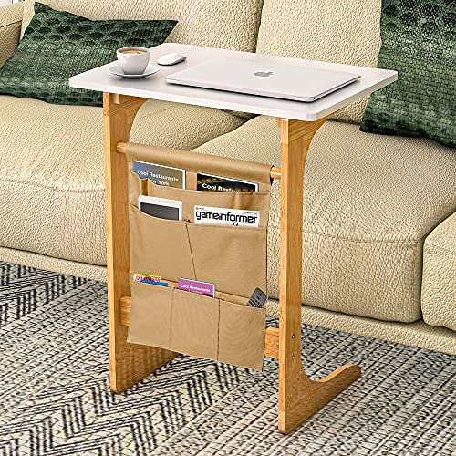 C Table Sofa Side End Table That Slide Under Couch for Small Space Living Room Laptop Coffee Snack Bamboo 20 x 12 x 24 Inch TV Dinner Tray Table