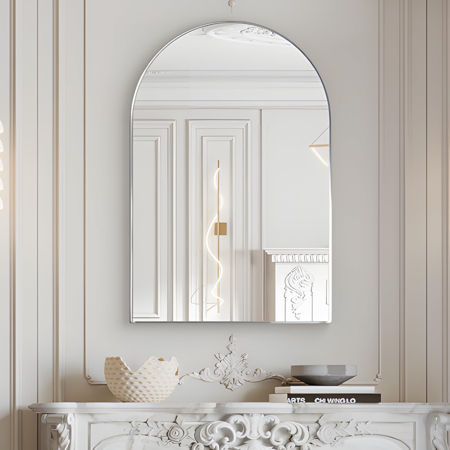 Wall Mounted Mirror, Arched Wall Mirror for Bathroom, 24"x36" Arch Bathroom Mirror with Metal Frame, Silver Vanity Mirror Decor for Mantle, Bedroom, Entryway, Living Room