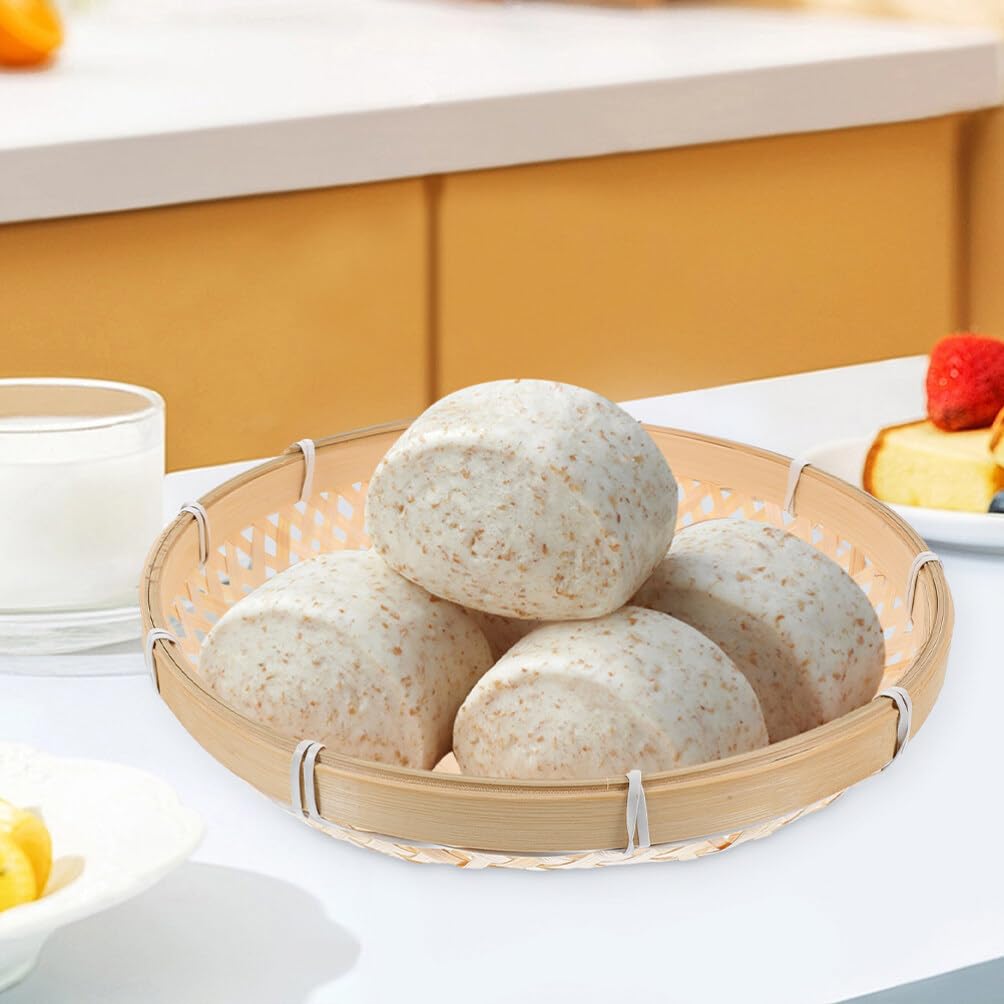 BESPORTBLE Bamboo Woven Basket Tray Flat Wicker Round Fruit Basket Food Storage Shallow Tray Snacks Candy Bread Serving Tray Wall Hanging Baskets for Breakfast Vegetables, 22.00X22.00X5.00CM