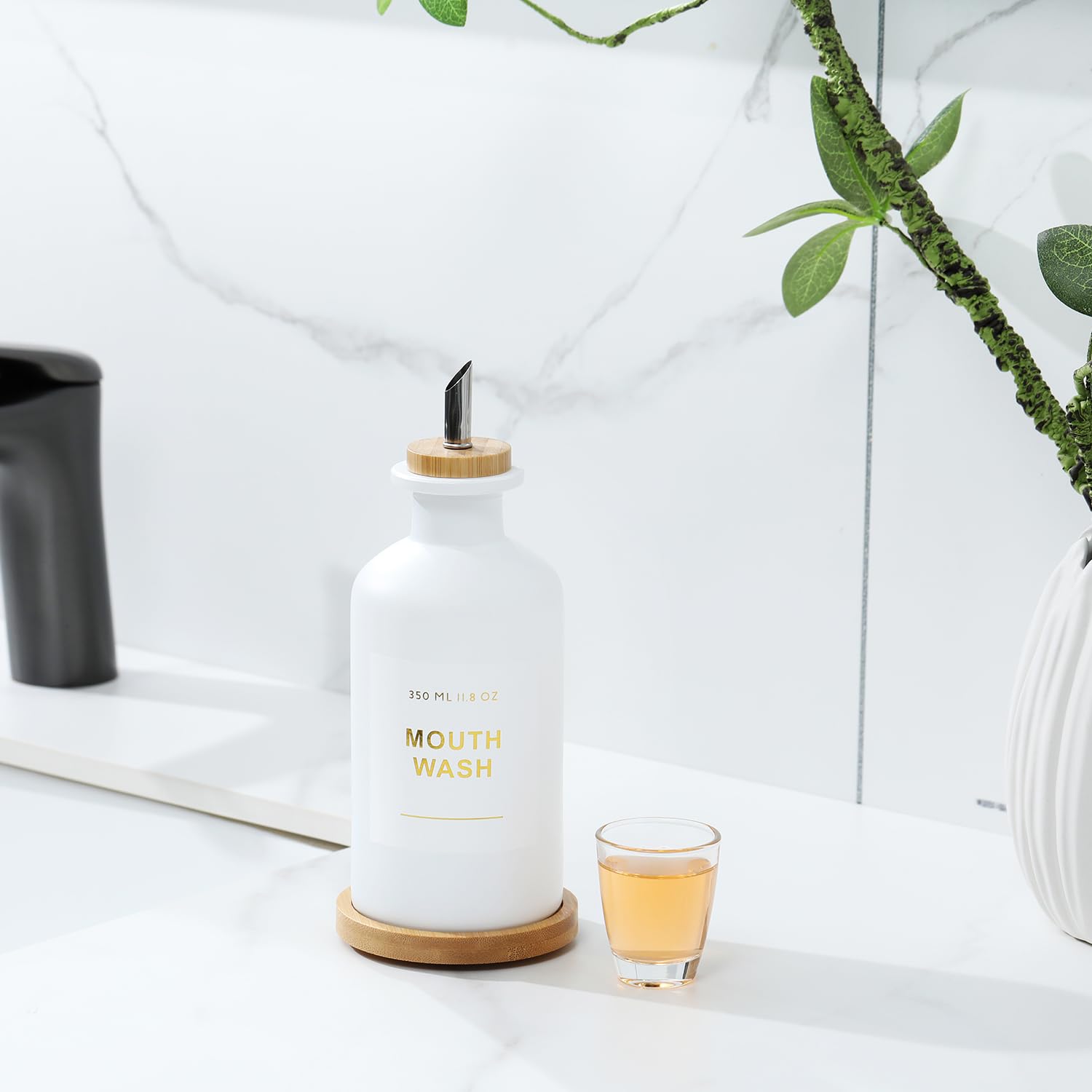 11.8 oz Glass Mouthwash Dispenser with Bamboo and Stainless Steel Nozzle