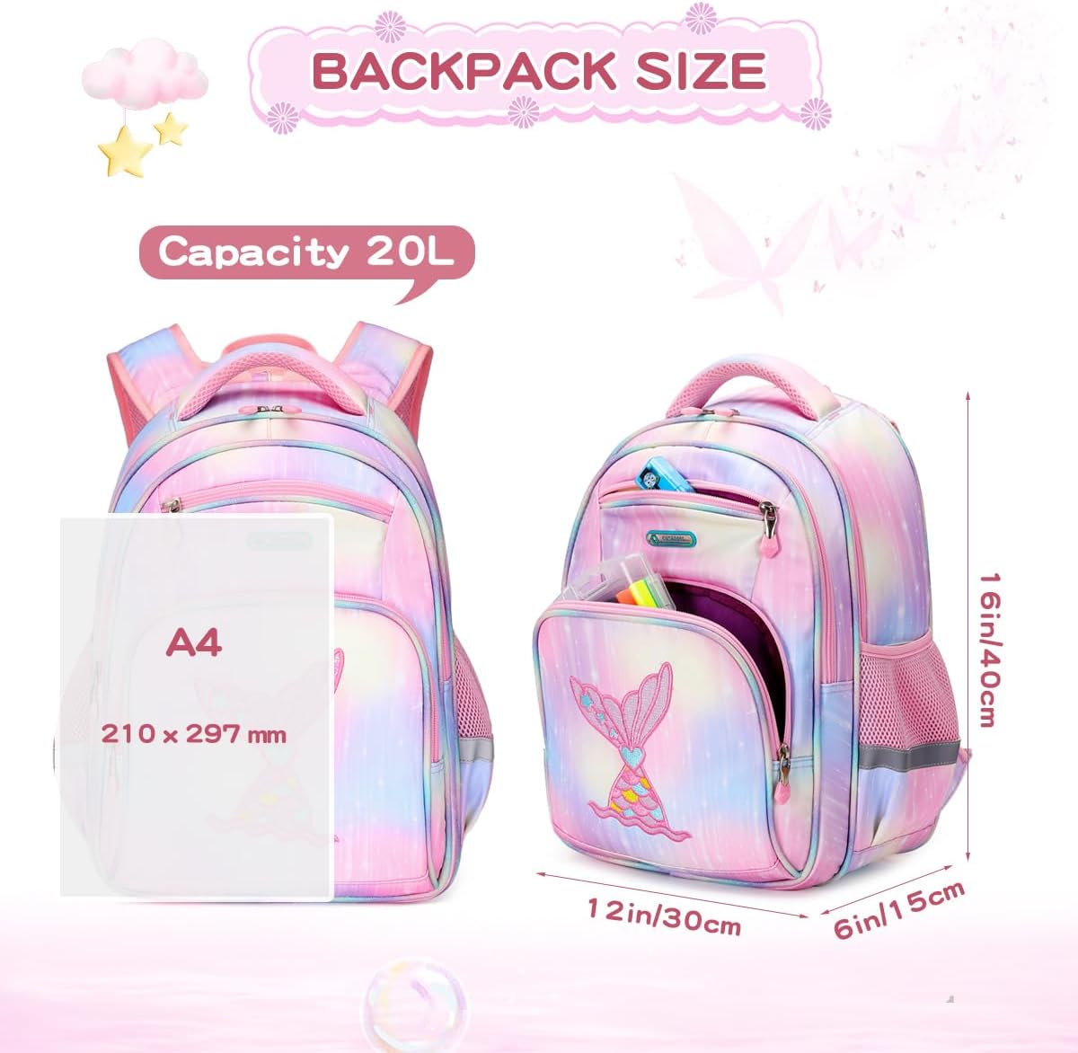 Cusangel Kids Backpack for Girls Preschool Elementary Kindergarten Mermaid School Bag 15.6″ Multifunctional Cute Large Capacity - Image 8