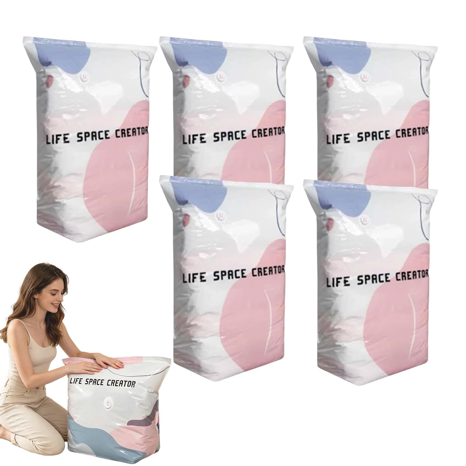 Multi-Pack No-Pump 3D Vacuum Storage Bags, PA+PE Tear Resistance Material, Reduce 80% Volume, One-Touch Quick Air Release, Reusable, Extra-Large Capacity, for Clothes, Bedding & Travel (L*5)