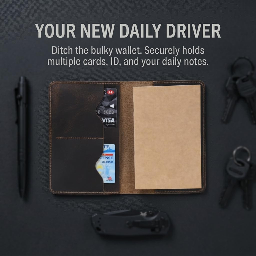 Rustique Leather Field Notes Cover Collection - Refillable Travel Journal & Notebook Organizer with Card Slots - Handmade Full Grain Leather (Wavy Pocket Set - Smoky Bourbon)