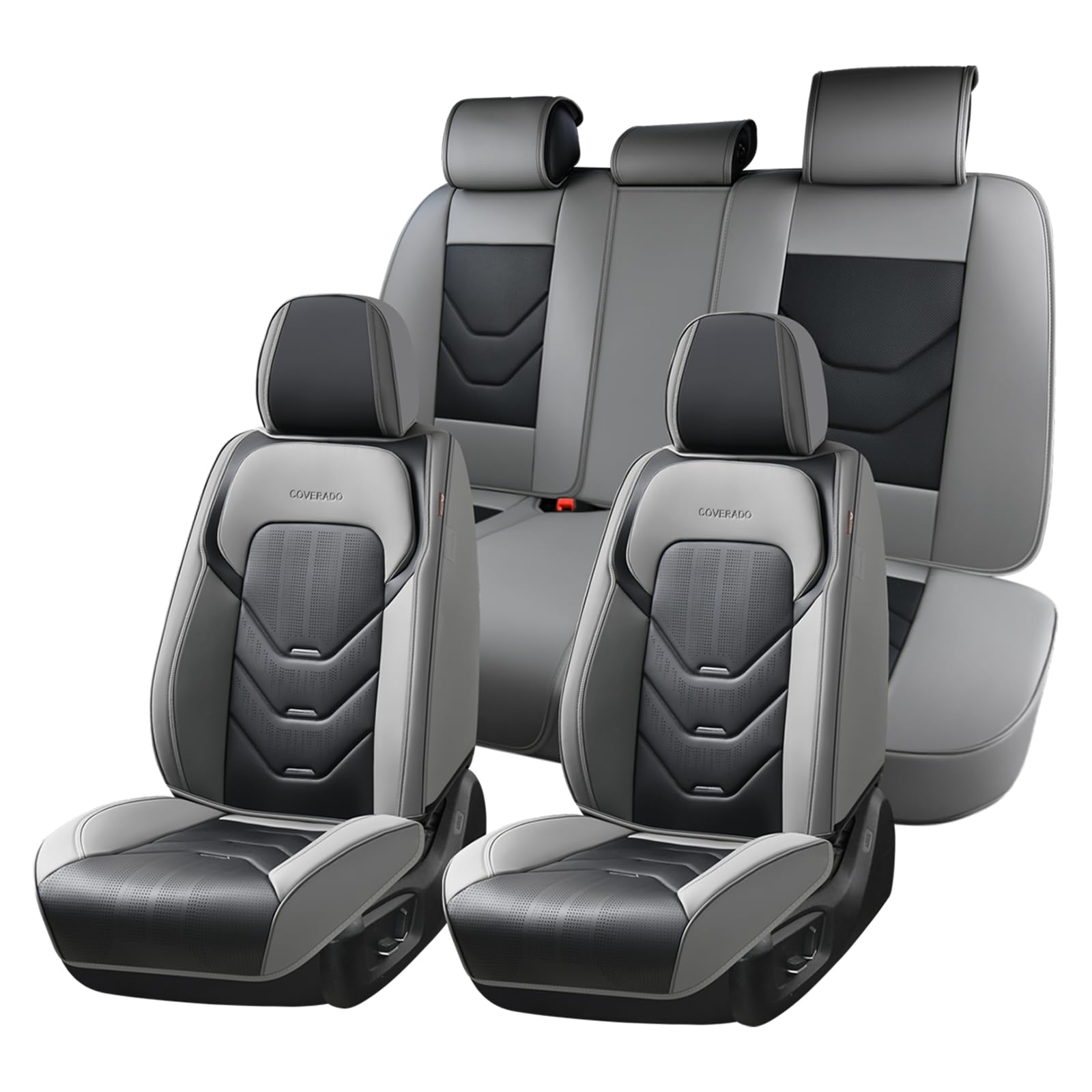 Coverado Car Seat Covers Full Set, Gray&amp;Black Leather Seat Covers, Front and Back Seat Cover for Car, Waterproof Car Seat Protector, Car Seat Cushion Automotive Seat Covers Universal Fit for Most Cars