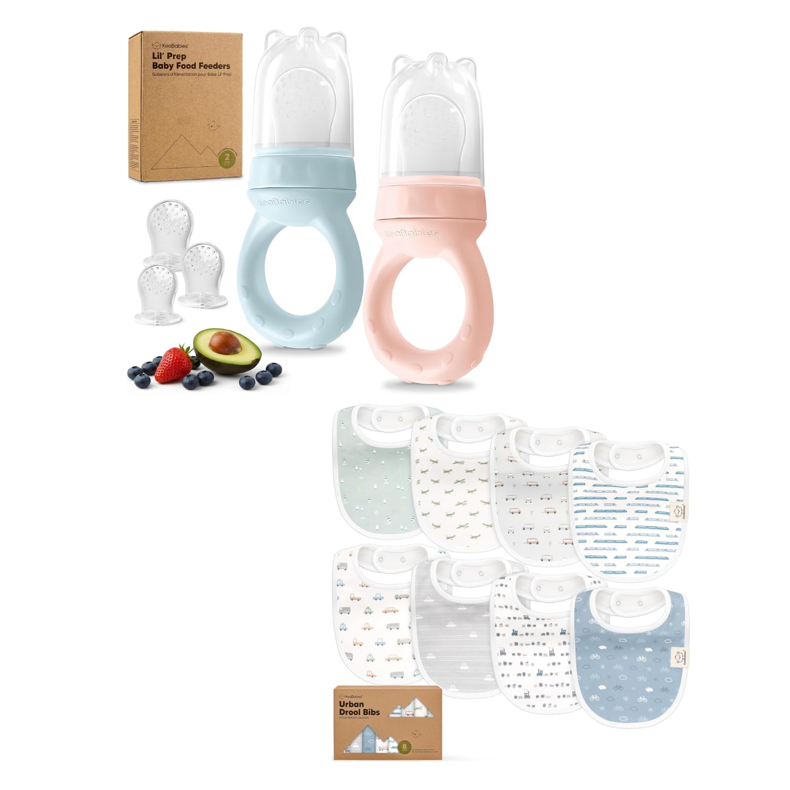 KeaBabies 2-Pack Baby Fruit Feeder and 8-Pack Baby Bibs for Girls & Boys - Silicone Food Feeder for Infants 6-12 Months, Breast Milk Popsicle for Teething, Soft and Absorbent Infant Bibs