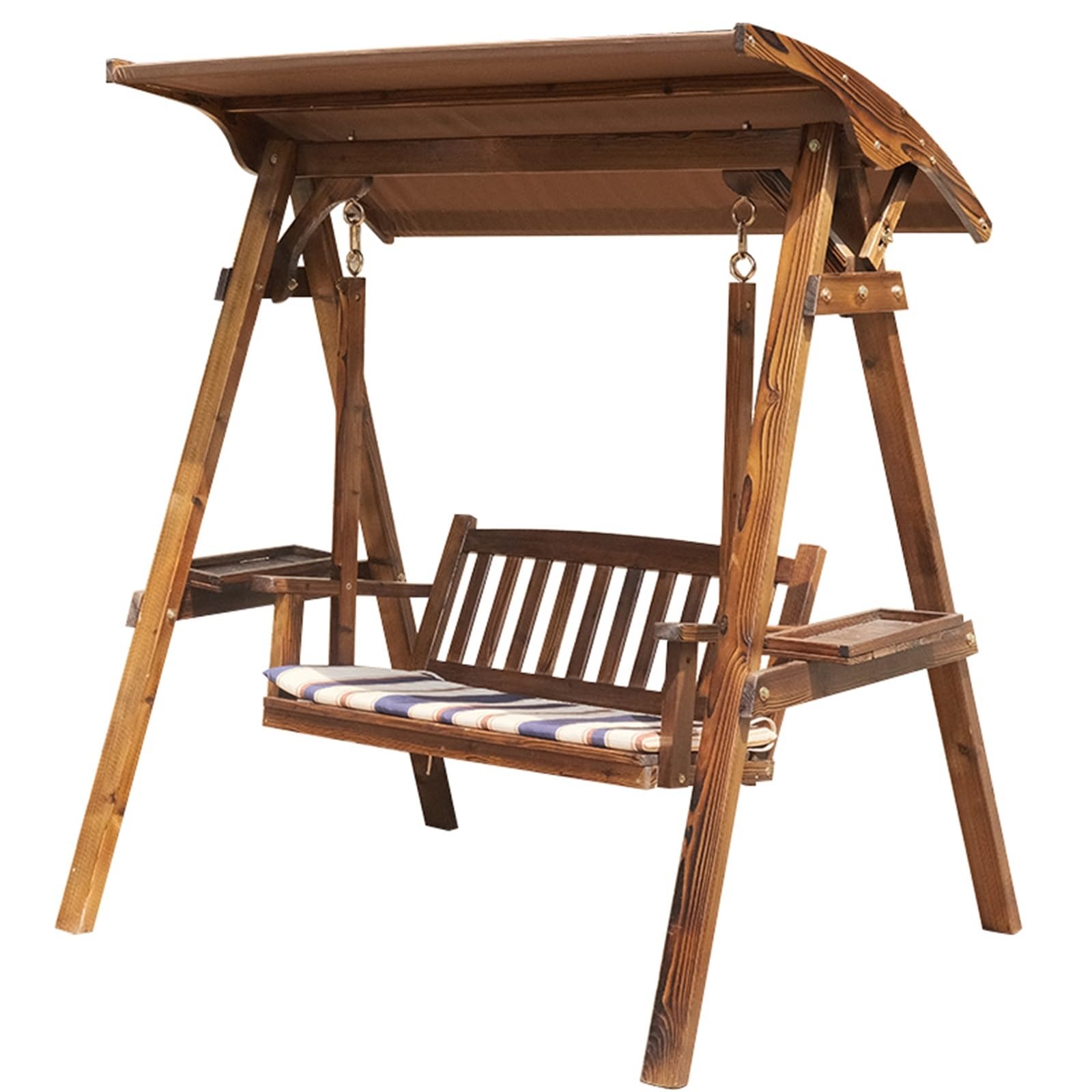 Wooden Swing Bench Solid Wood Leisure Patio Swings Yard Courtyard Rural Home Anti Corrosion Double Rocking Chair Terrace Sillas Outdoor Furniture(B With canopy)