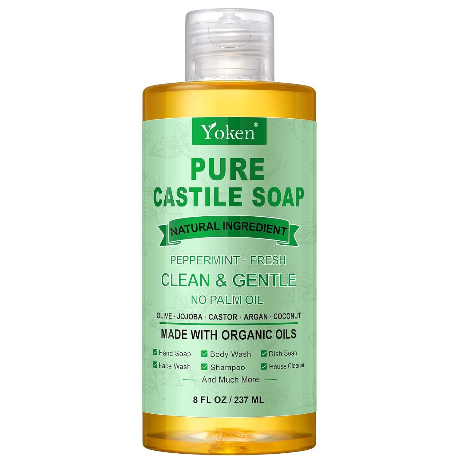 Yoken Peppermint Castile Soap Liquid 8 OZ, Made with Certified Organic Oils, Gentle Peppermint Soap for Body Wash, Face, Hands, Dishes, Laundry & More – Vegan & Natural Ingredients Versatile Cleanser