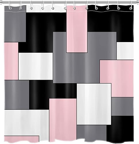 Miniatura 4 de HVEST Cortina de ducha geométrica rosa con ganchos, cortina de ducha moderna geométrica abstracta gris y blanco para baño, 72 x 72 pulgadas, juego