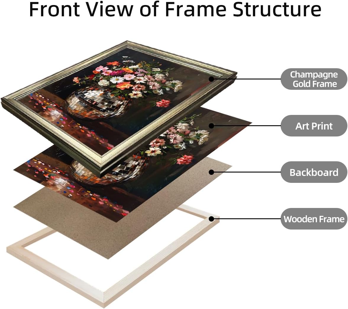 Vintage Framed Disco Ball Wall Art Retro Eclectic Wall Decor Colorful Moody Florals Painting Maximalist Wall Art Funky Flowers Bouquet Print Artwork Flowers Bouquet Framed 20"L x 16"W