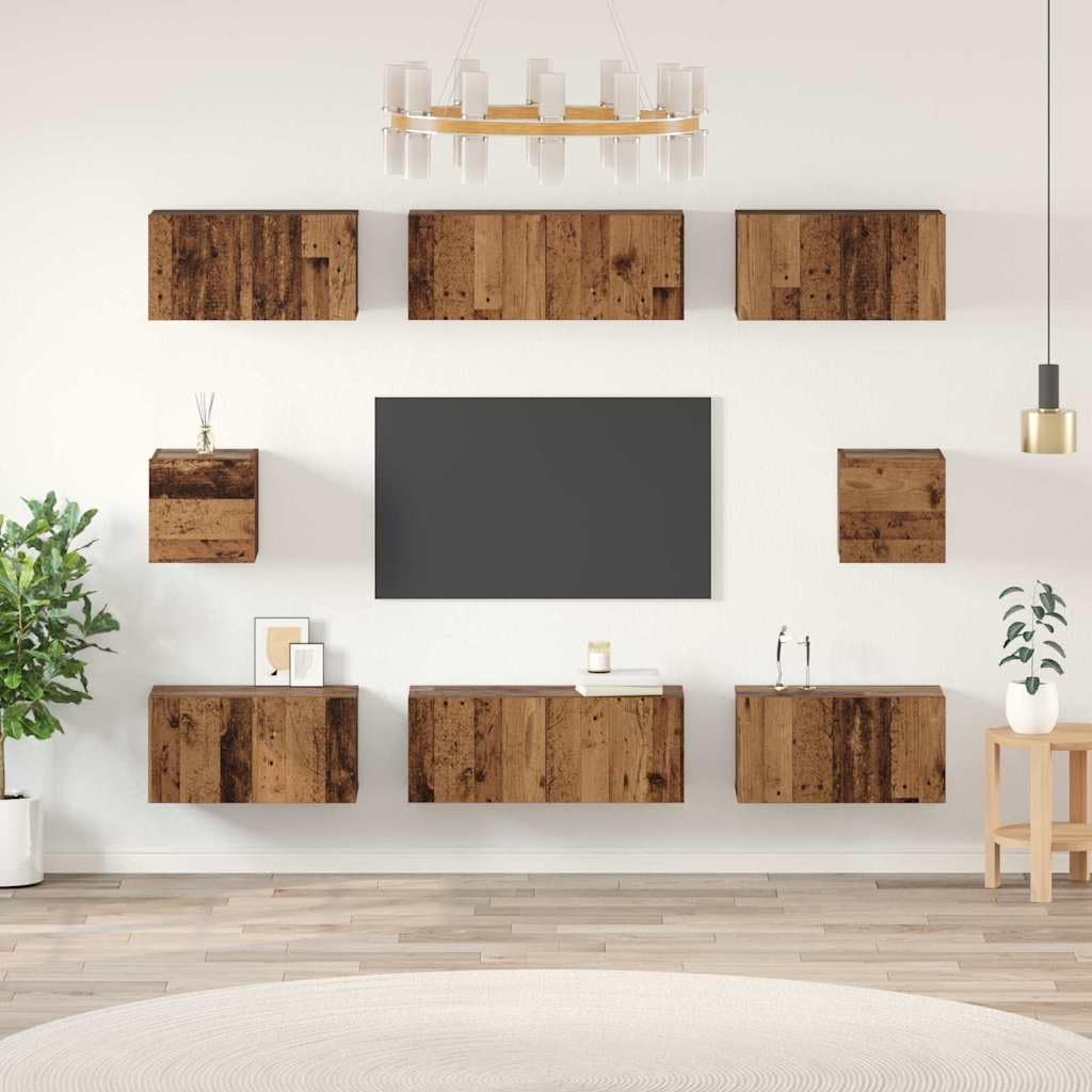 Ensemble meuble TV 8 pièces bois ancien en bois d'ingénierie avec étagères murales, portes, tiroirs, rangement multifonction pour salon séjour chambre, support console audio vidéo suspendu