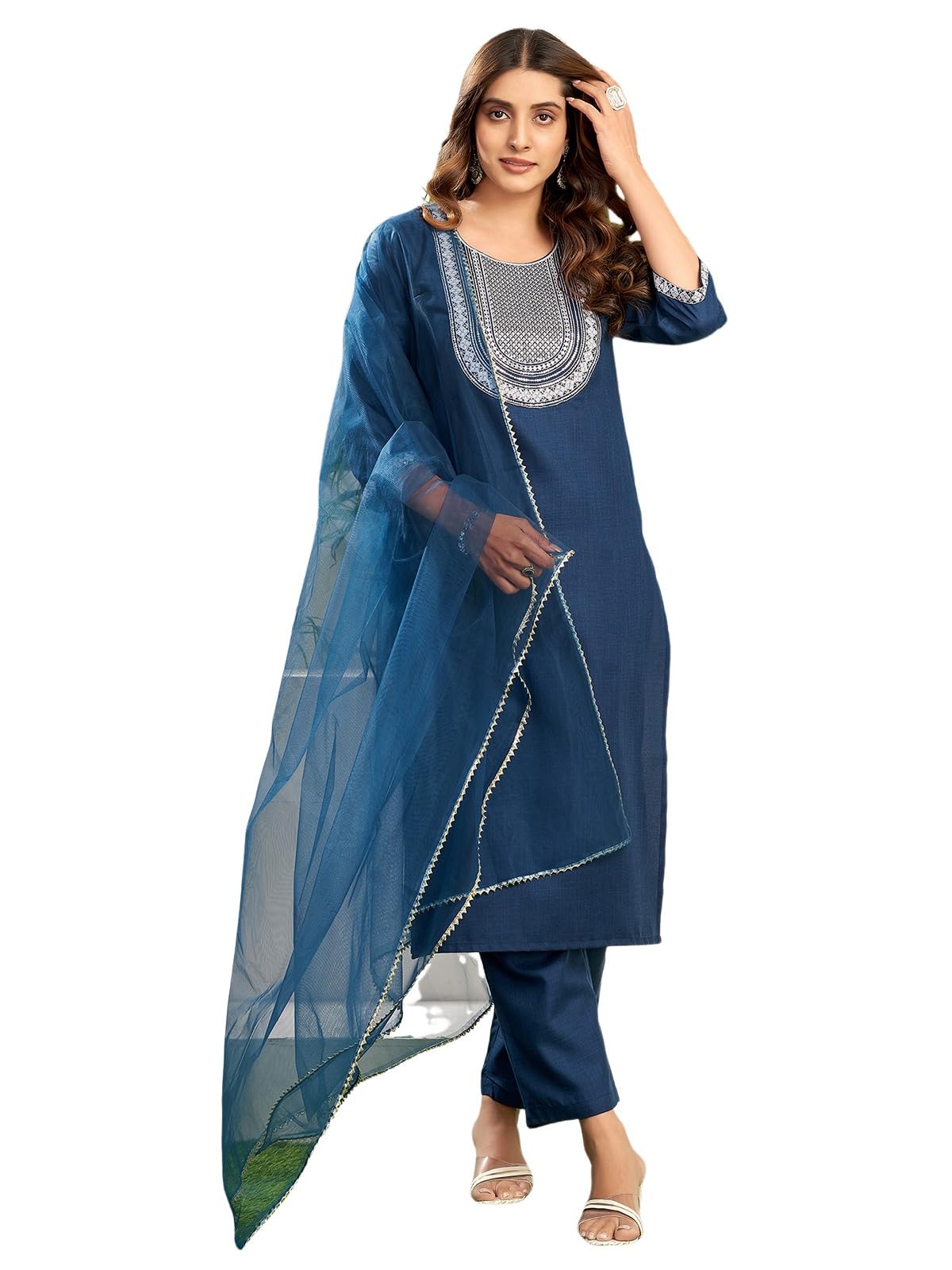 SanisaWomen's Cotton Blend Sequence and Embroidery Work Straight Kurta with Pant and Dupatta Set
