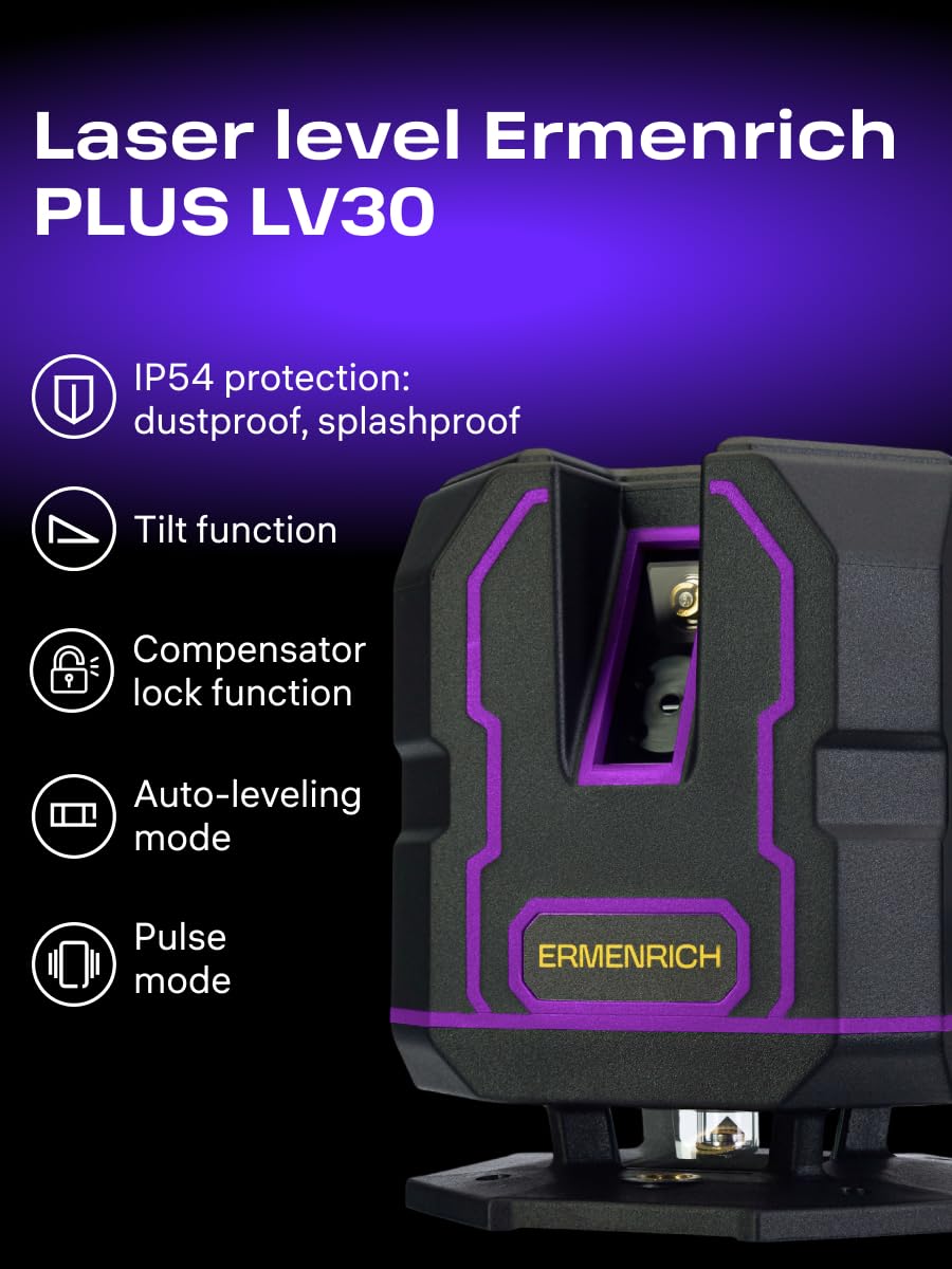 PLUS LV30 Zielona Poziomica Laserowa Samopoziomująca Tryb Impulsowy 30 m 5 Linii — 360° — IP54 Do 25 Godzin Czasu Pracy Ładowalna Blokada Kompensatora