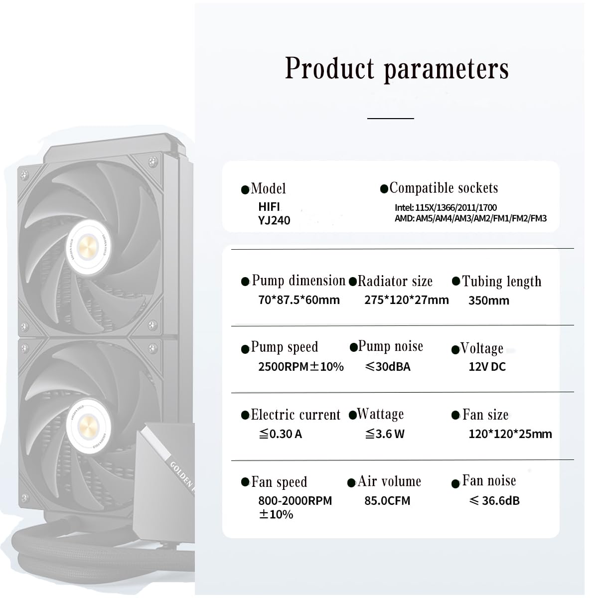 GOLDEN FIELD HiFi YJ240 CPU Water Cooler Liquid CPU Cooler AlO Cooler240mm Radiator, Black Dual 120mm PWM Fans, Intel1700,115X,1366,2011,AMD AM5-black