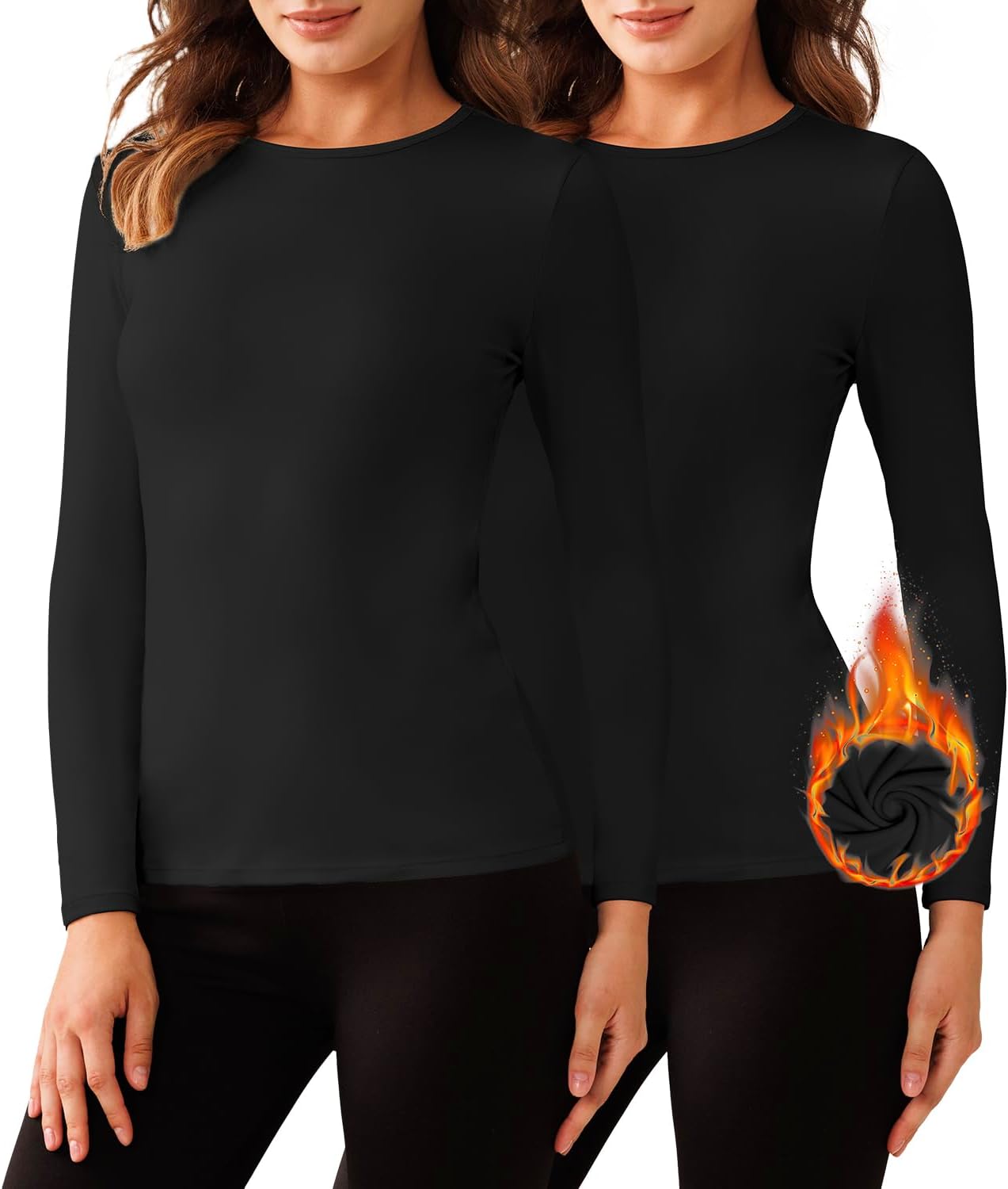 Bonneuitbebe Women's 2 Pack Long Sleeve Thermal Shirts Soft Crewneck Undershirt Tops Lightweight Base Layer Cold Weather