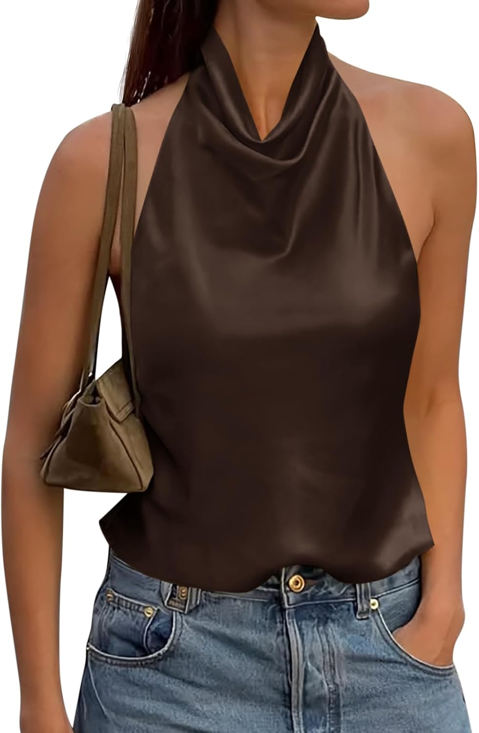 Cicy Bell Women Summer Satin Halter Tank Tops Y2k Going Out High Mock Neck Backless Cami Shirts Cute Party Camisole Tops