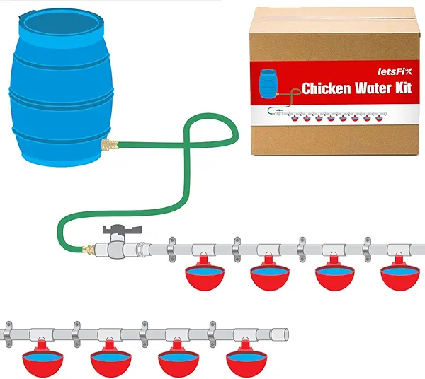 Automatic Chicken Watering System with 1/2" PVC Pipe & Hose Connector Kit, Leak-Proof and Easy-Assembly Chicken Drinker for Coops, Compatible with Water Tanks