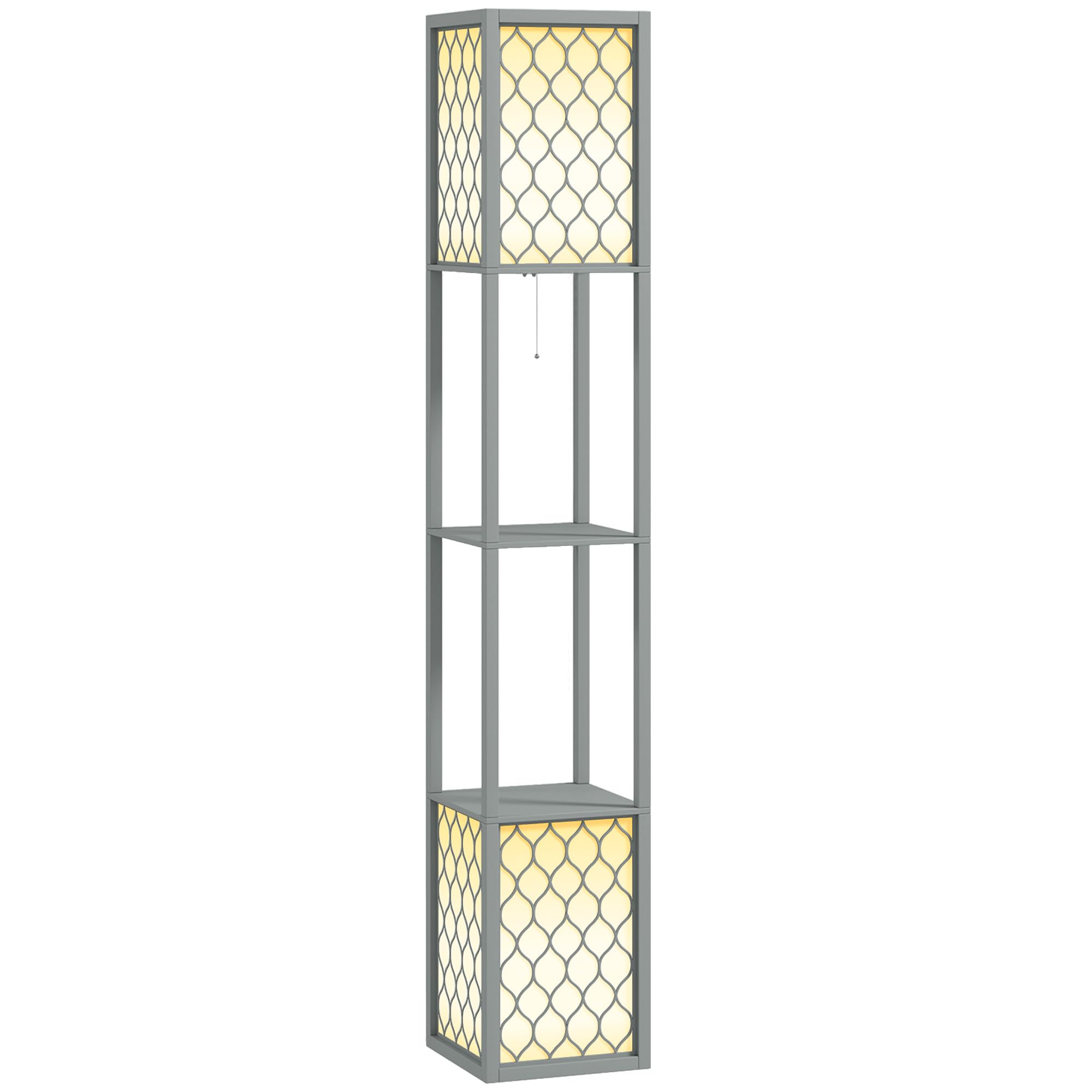 HOMCOM Floor Lamp with Shelves, Modern Tall Standing Lamps with Fabric Lampshade, Chain Switch and Dual Light for Living Room, Bedroom, Bulb not Included, Light Grey