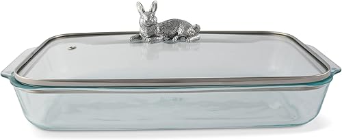 Miniatura 3 de Arthur Court Cacerola de vidrio con mango de conejo de metal, perfecto para mantener tus lados de Pascua protegidos y cálidos, estilo primavera de