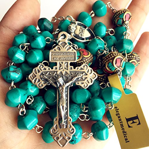 elegantmedical Turquoise TIBET COPPER BEADS STERLING 925 SILVER ROSARY NECKLACE Catholic3