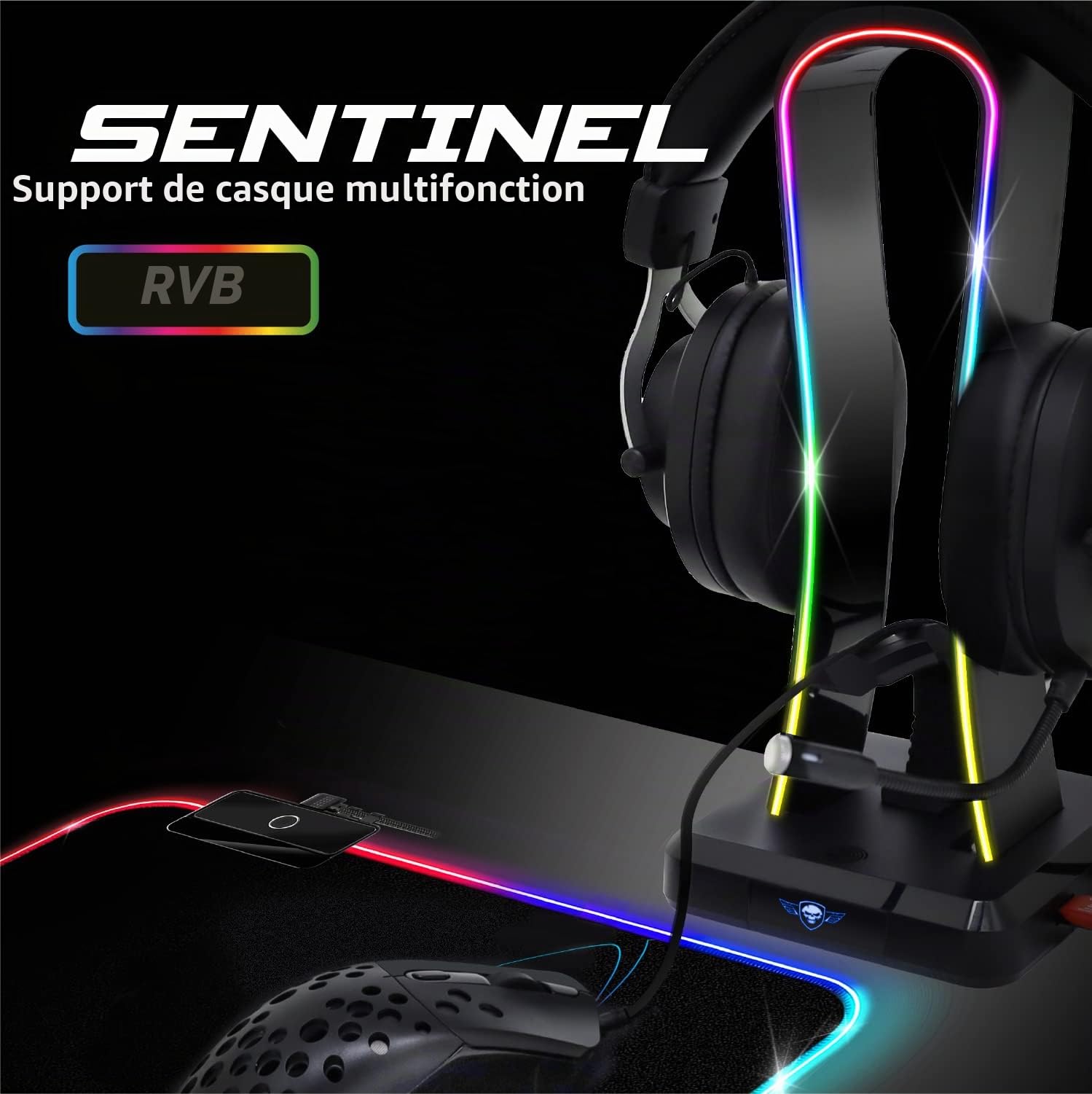Spirit Of Gamer, Pack Casque + Support RGB, Casque Gaming Blanc Filaire RGB avec Micro, Compatible PS5, PS4, Xbox, Switch & PC, Porte Casque Gaming Multifonction 11 Effets Lumineux