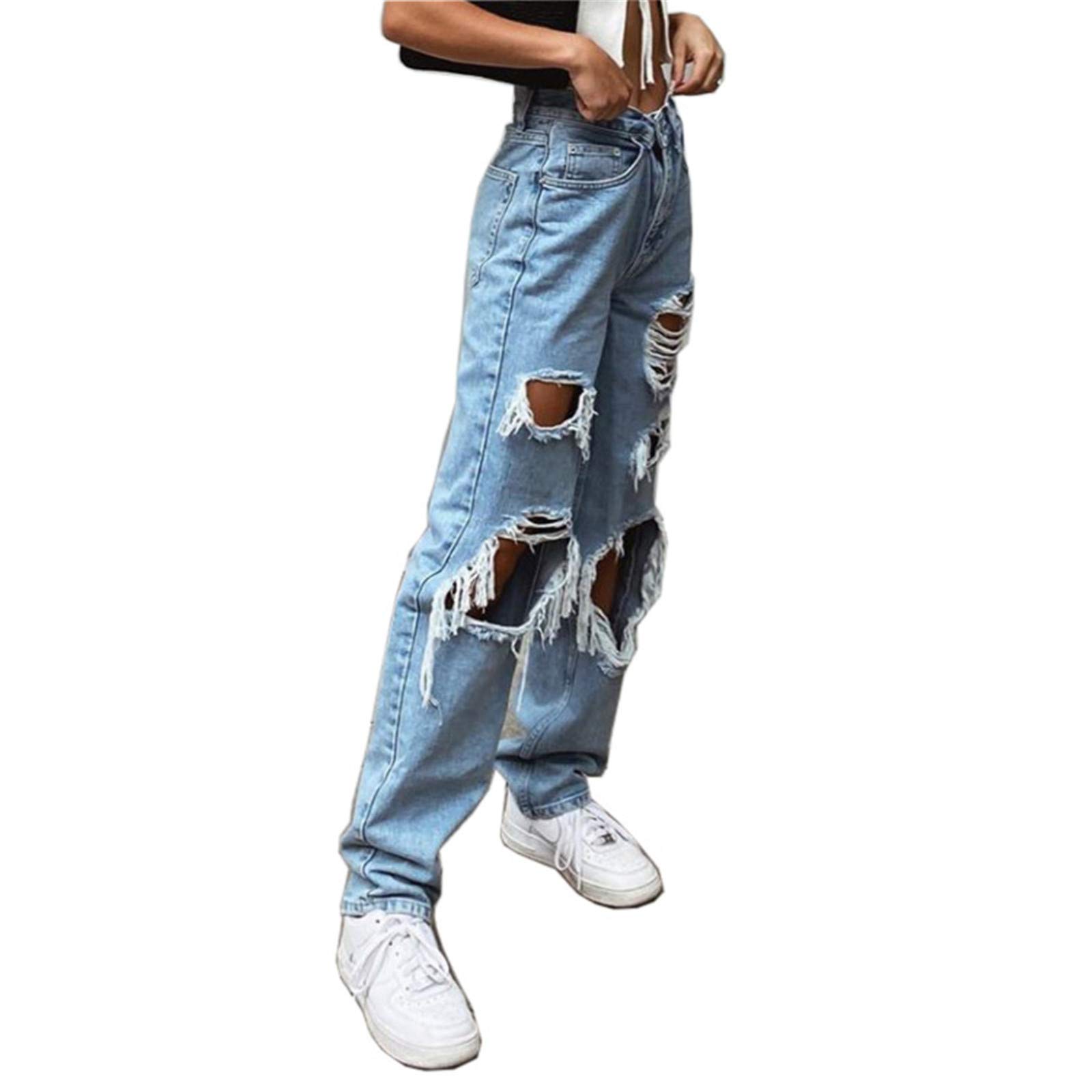 Pantalones vaqueros para mujer, cintura alta, con agujeros rectos, para adolescentes, niñas, boyfriend destruidos, informales, elásticos, elegantes, pantalones desgarrados, pantalones holgados Y2k,