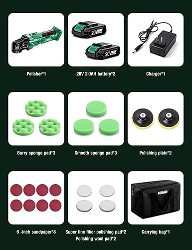 Miniatura 9 de KIMO - Kit de pulidora inalámbrica de 20 V, 24 accesorios, 2 baterías de 2000 mAh, pulidora de automóvil con 6 velocidades variables de hasta 3634