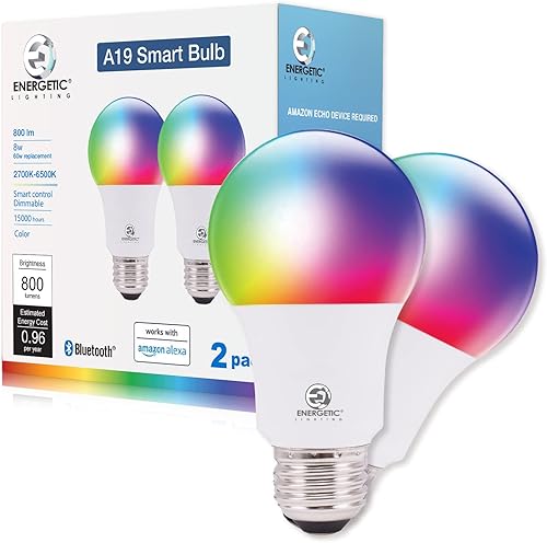 Bombilla LED inteligente que cambia de color, blanco sintonizable 2700K-6500K regulable A19 equivalente a 60 W, compatible con Alexa, paquete de 2,