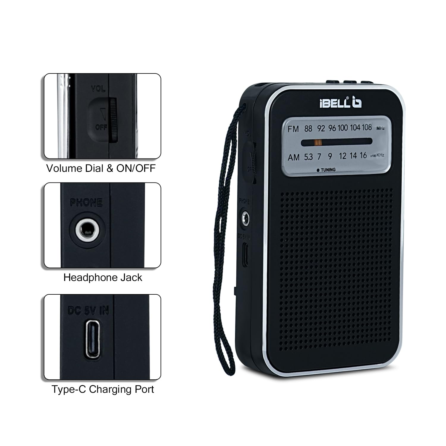 iBELL FM720BT Portable Pocket FM Radio with Bluetooth Speaker, USB/SD MP3 Player, Rechargeable with Type C Port, 2 Band (Black) — Amazon image 3