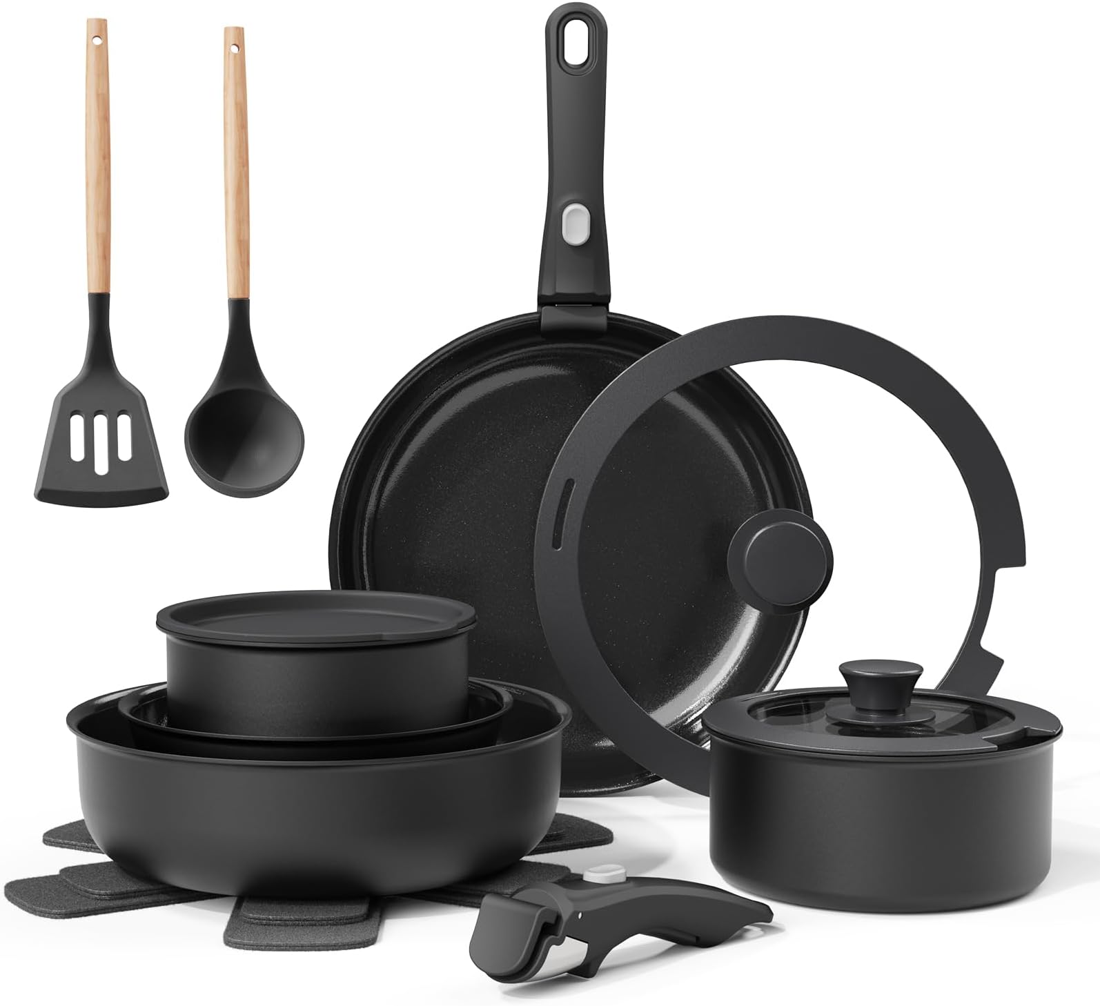 Bazova Ceramic Nonstick Cookware Set, Healthy,Non Toxic,17-Pieces Pots and Pans Set Removable Handles,Induction RV Kitchen Set,Stain & Scratch-resistant,Dishwasher/Oven Safe,PFAS/PFOA Free,Black