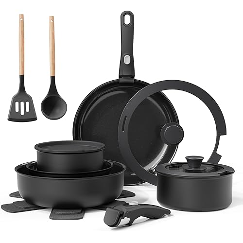 Ceramic Nonstick Cookware Set, Healthy,Non Toxic,17-Pieces Pots and Pans Set Removable Handles,Induction RV Kitchen Set,Stain & Scratch-resistant,Dishwasher/Oven Safe,PFAS/PFOA Free,Black