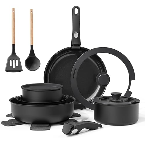 Bazova Ceramic Nonstick Cookware Set, Healthy,Non Toxic,17-Pieces Pots and Pans Set Removable Handles,Induction RV Kitchen Set,Stain & Scratch-resistant,Dishwasher/Oven Safe,PFAS/PFOA Free,Black - Black