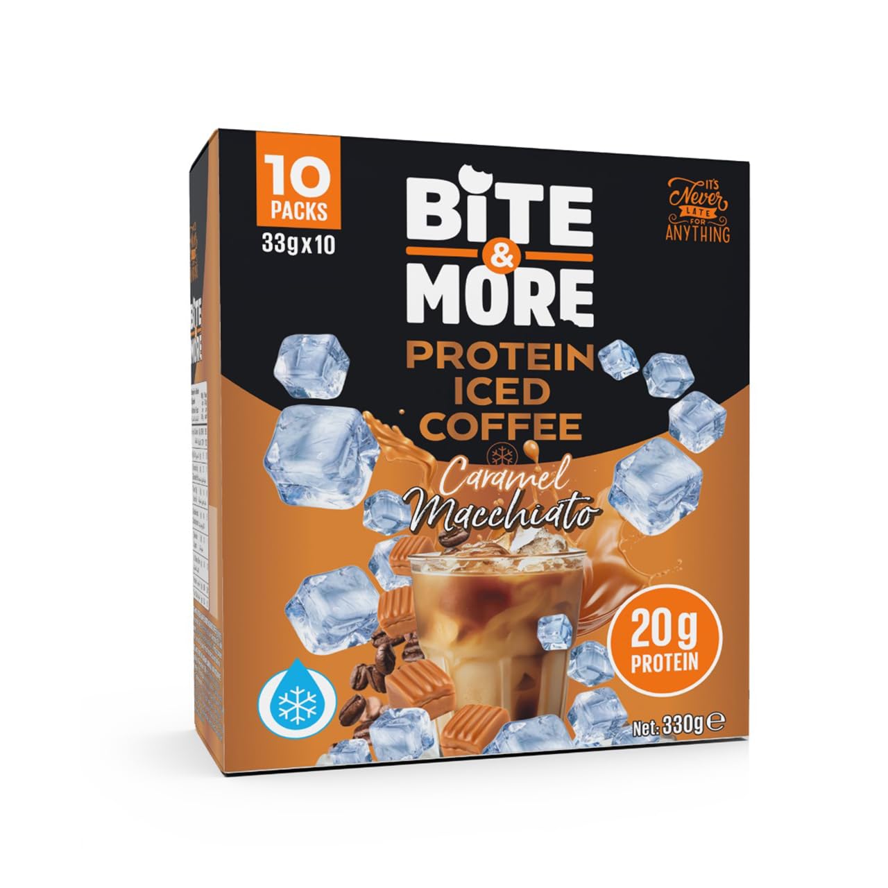 Bite & More Caramel Macchiato Protein Iced Coffee - 20g Protein, Zero Sugar, High Fiber, Energy Boosting, Heart-Healthy, Brain Support, Fresh Taste, Sweetened with Honey, 33g Sachets, 10-Pack
