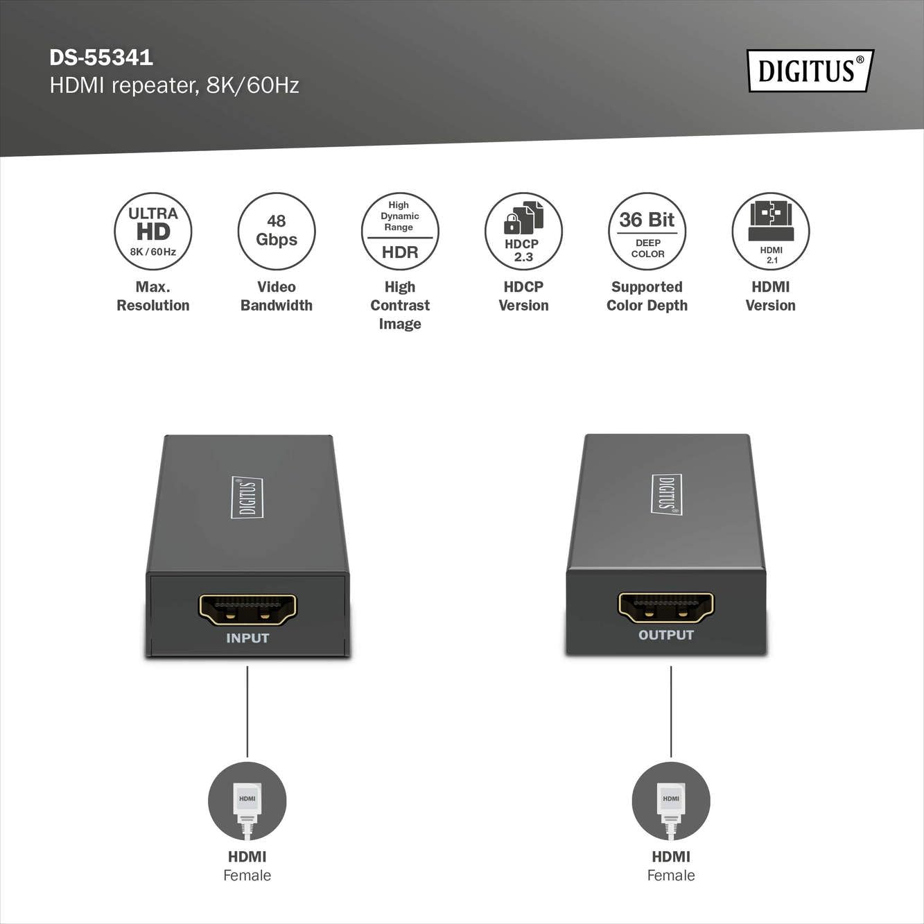 DIGITUS DS-55341 Repeater HDMI - UHD 8K/60 Hz (7680 × 4320p) maks. 10 m - UHD 4K/60 Hz maks. 13 m - Wzmacniacz sygnału, HDMI 2.1, HDCP 2.3, Deep Colour, DTS, Dolby Digital, LPCM - Zasilanie: USB-C