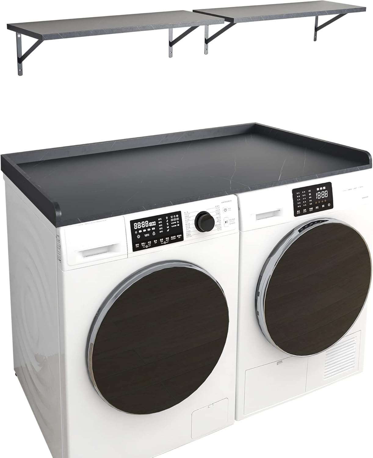 Kaboon Washer Dryer Countertop and Shelves Set, Melamine Countertop with Edge Rails - 27.5" Depth x 54" Width Laundry Room Organization, Cloud Atlas/Black Marble