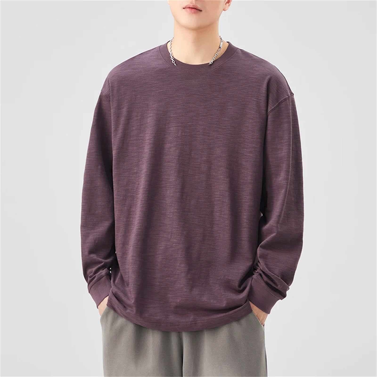 Maglietta da uomo in cotone fiammato pesante, a maniche lunghe, girocollo, ricamato, oversize, casual
