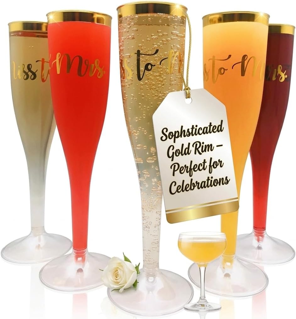 Oojami Plastic Champagne Flutes 30 Pack, Gold Rim, Disposable BPA-Free Toasting Glasses for Wedding, Bridal Shower, Bachelorette, Mimosa Bar, 4.5 oz