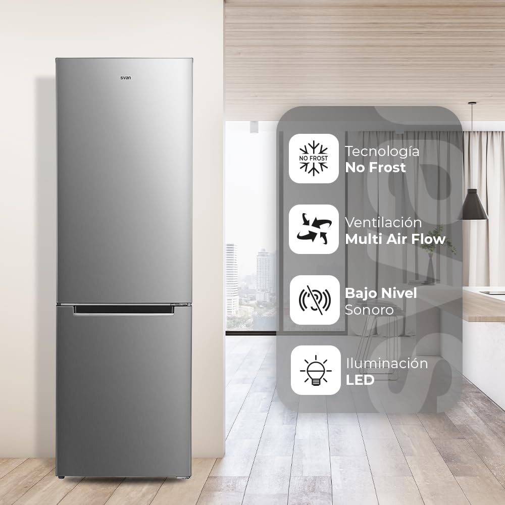 Svan Frigorífico Combi 2 Puertas Inox SC185603ENFX. Capacidad 293 Litros, No Frost, Multi AirFlow, Puerta Reversible, Bajo Nivel Sonoro, Eficiencia Energética Clase E