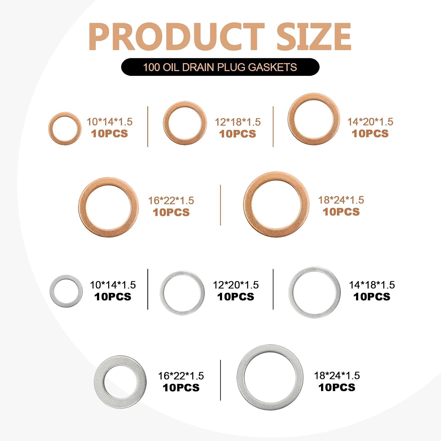 100 PCS Oil Drain Plug Gasket Kit – Oil Drain Plug Gasket Set M10 M12 M14 M16 M18, Copper & Aluminum Mixed Flat Ring Washers, Heat Resistant Leak Proof for Most Cars Motorcycles (Silver & Gold)