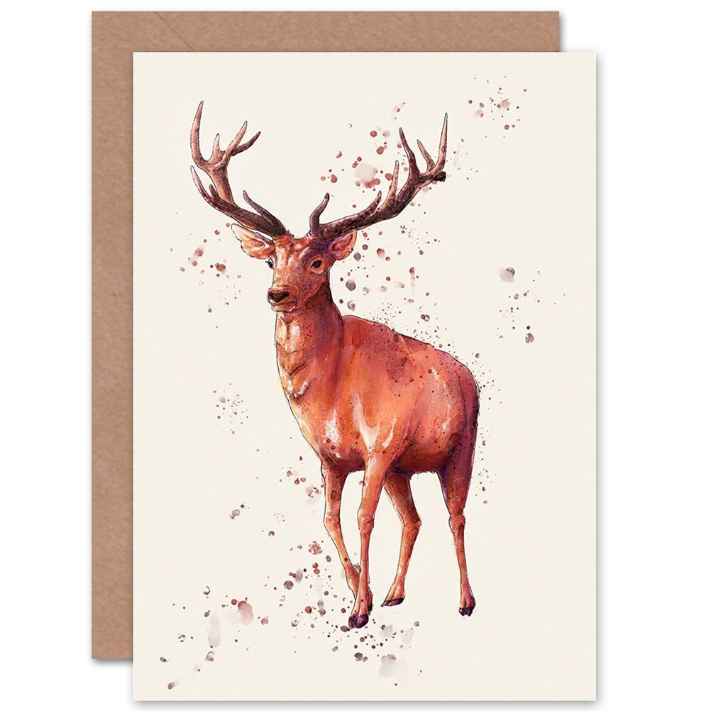 Artery8 Red Deer Watercolour Greetings Card Plus Envelope Blank Inside Brown