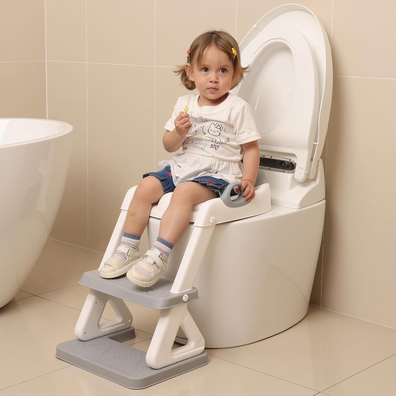 Potty Training Seat - Toddlers Potty Training Toilet with Step Stool Ladder, Toddler Toilet Seat for Kids Boys Girls, Upgrade Training Ladder with Anti-Slip Pads, Comfortable, Safe (Grey) Grey+White