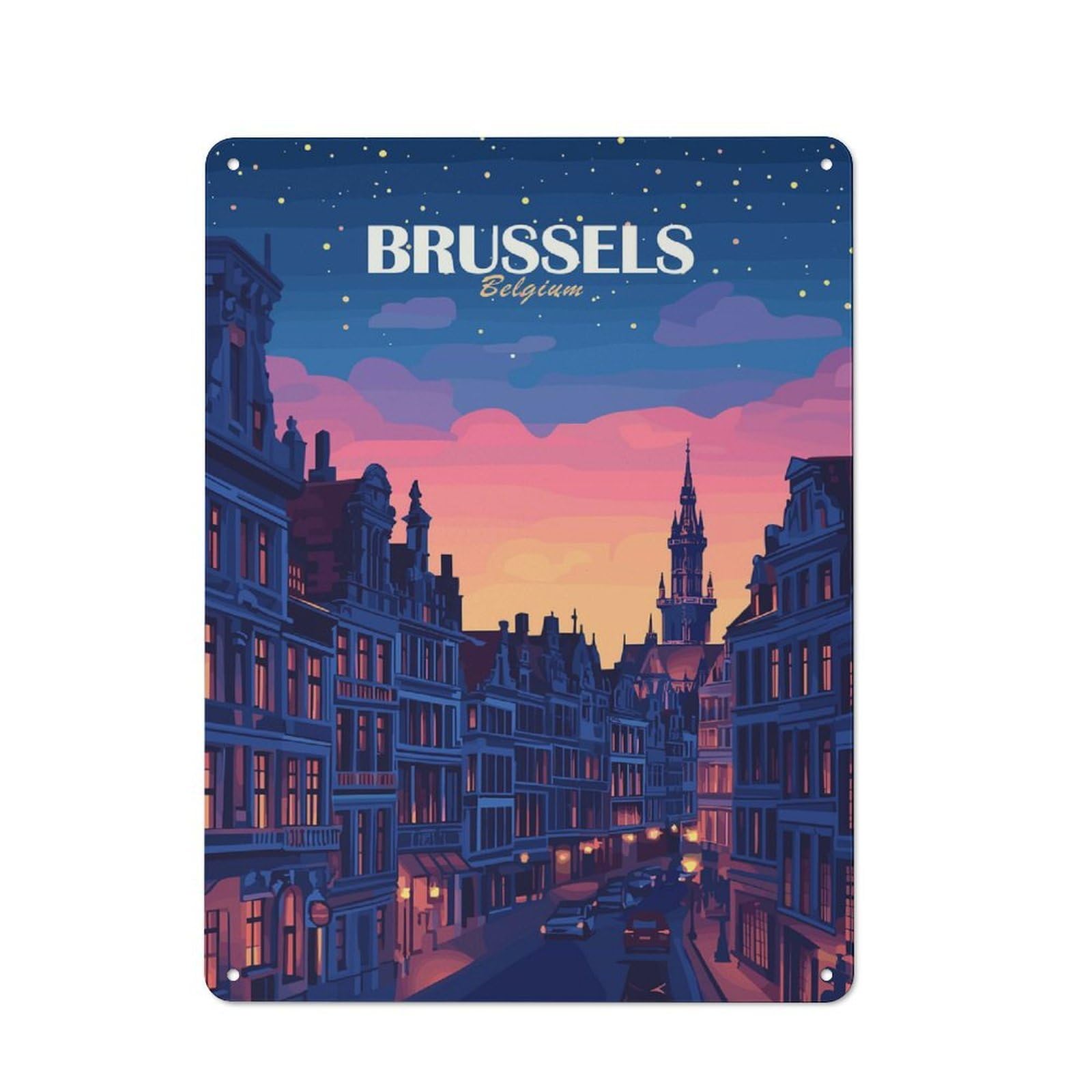 Retro Metal Plaque 40x30cm Featuring Brussels Belgium Cityscape at Dusk, Bistro Wall Plaque for Bakery, Diner, Cafe Or Family Room