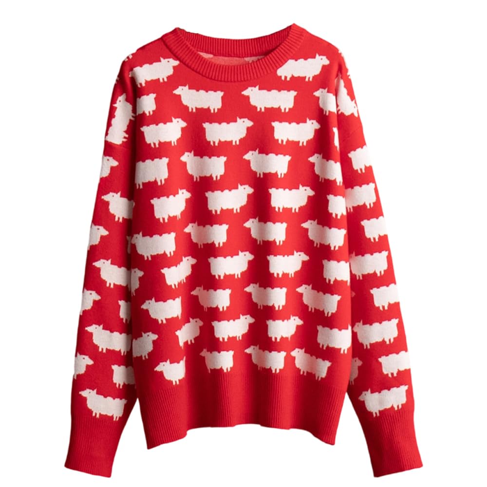 Womens Cute Sheep Pattern Loose Knit Sweaters - Oversized Cozy Long Sleeve Pullover Sweaters Going Out Tunic Tops