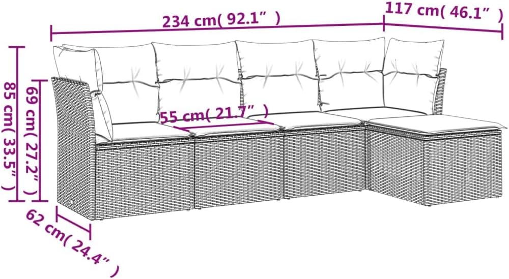 vidaXL Outdoor Patio Sofa Set 5-Piece - Black Poly Rattan and Powder-Coated Steel Frame with Blue Cushions - Modular Design, 24.4" x 27.2" Center/Corner Seat - Weather- for Garden/Backyard/Deck Lounge