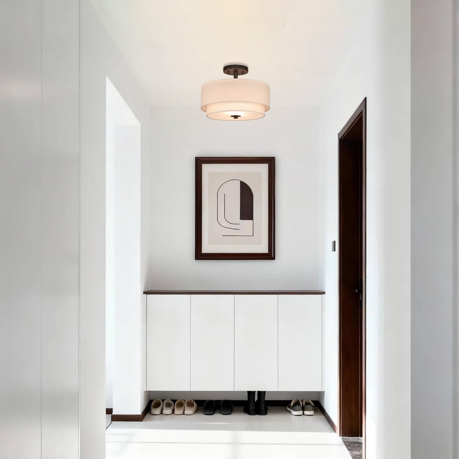 XiNBEi Lighting 13" Semi Flush Mount Ceiling Light Farmhouse 2 Light Close to Ceiling Light Fixture with Linen Fabric Shade Bronze Drum Ceiling Light for Bedroom Hallway Living Room XB-SF1289-13DB