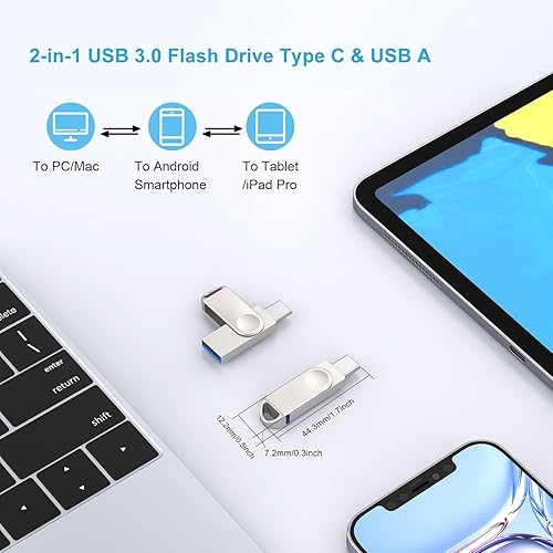 Miniatura 6 de JUANWE Unidad flash USB C de 128 GB, unidad flash USB 3.0 dual tipo C + USB A giratoria mini unidad de pulgar única UDP-Tech impermeable con