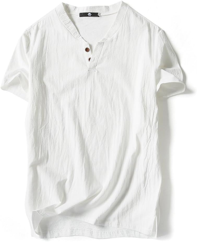 VANCOOG Mens Short Sleeve Henley V-Neck Linen and Cotton t-Shirt with Button (X-Small, White)