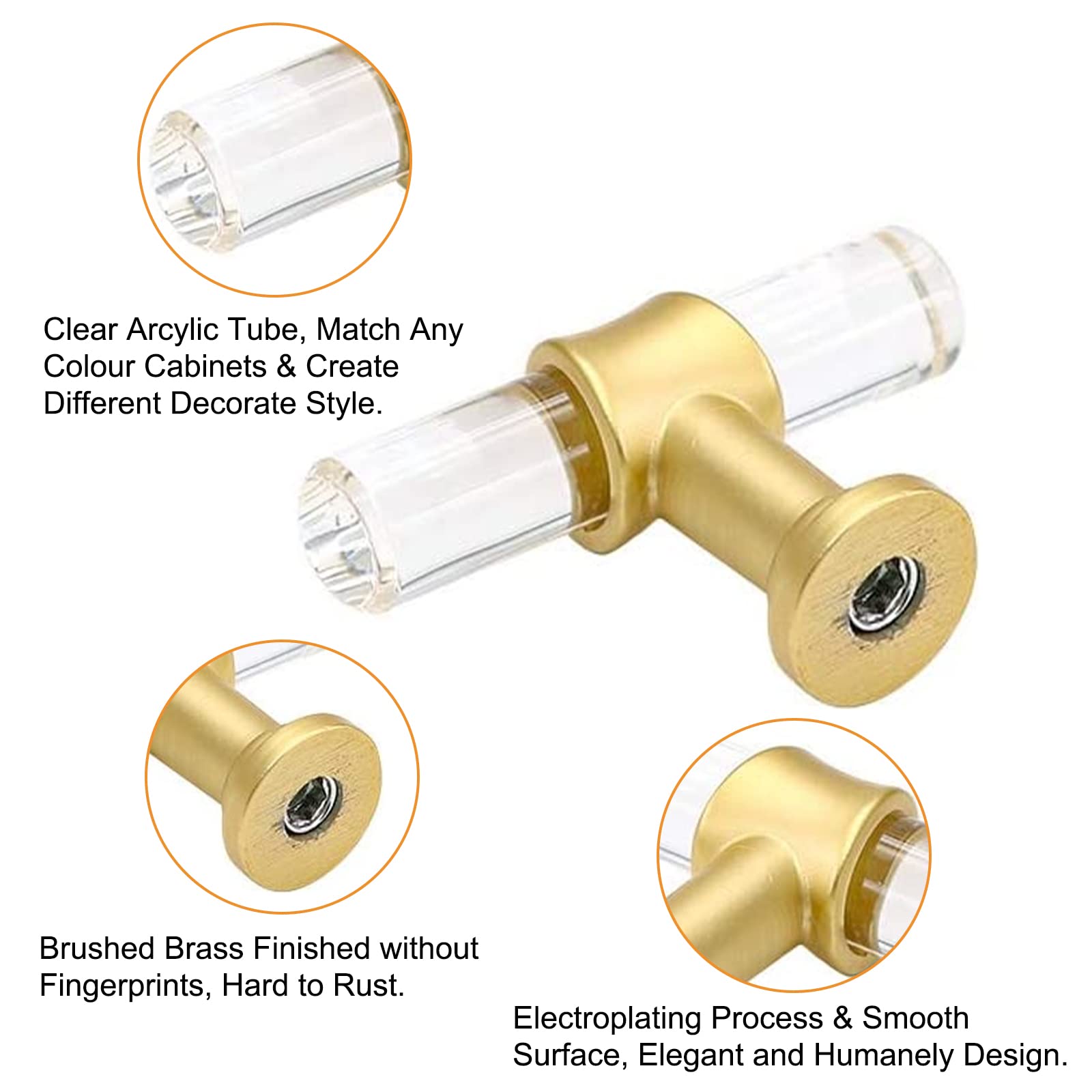 Orobor Acrylic Drawer Knobs Gold, 4pcs Single Hole T Bar Pull Brushed Brass Drawer Knobs Clear - View #11