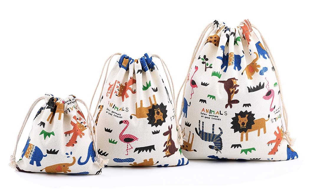 Amoyie Boys Animal Beige Cotton Drawstring Bag 3Pcs, Kids Storage Bag, Fabric Organiser Pouch