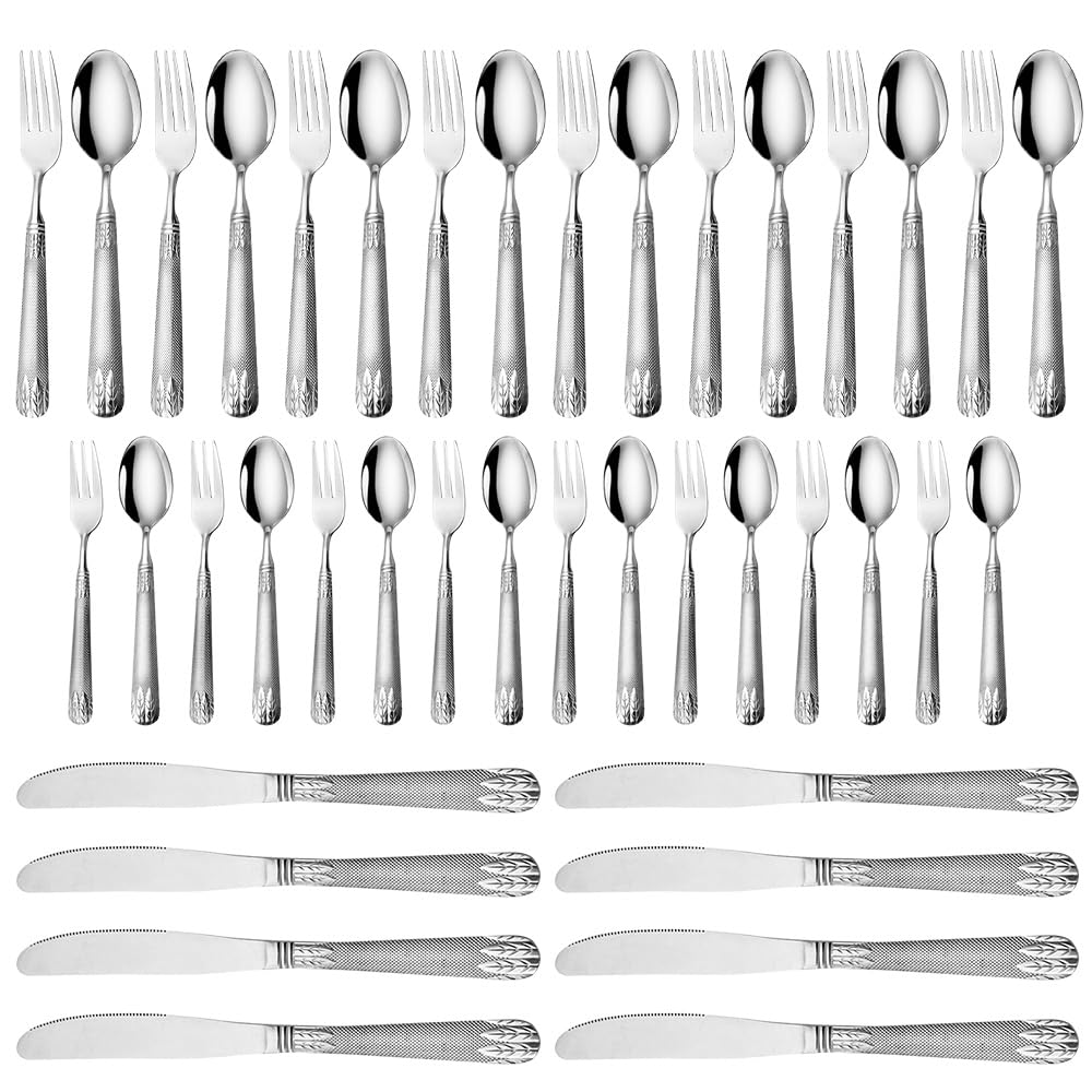 Haofy Juego de Cubiertos de Acero Inoxidable, Elegante Diseño de Patrón de Trigo, Incluye Cuchillos, Tenedores, Cucharas, Cucharaditas para el Hogar, Cocina, Restaurante, Uso en Hotel, Mangos (Juego