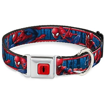 Buckle-Down Dog Collar Seatbelt Buckle Spider Man 3 Action Poses Bricks Stripe Blues Red White 13 to 18 Inches 1.5 Inch Wide, Multicolor, DC-WSPD065-WS